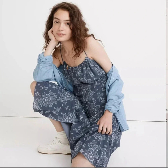 Madewell tie back button front midi dress blue floral sleeveless size 0 J32 - Picture 2 of 14